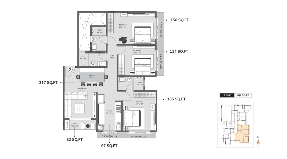 Modirealty-Asopalav-Floor-Plan-3 BHK-912 Sqft